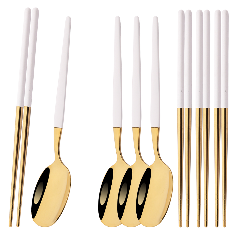 Commercial Kitchen Set - 8Pcs Korean White Golden Dinnerware Set
