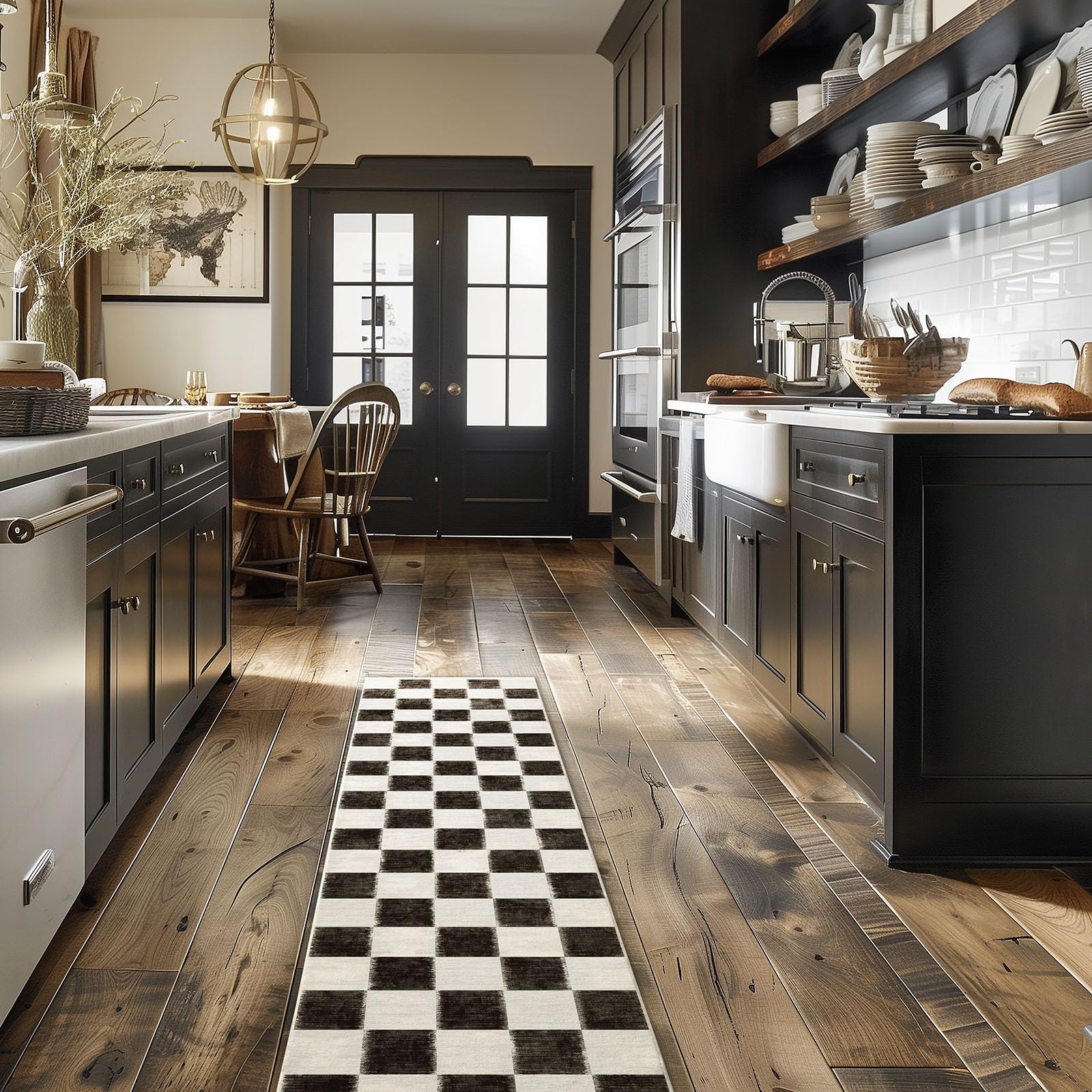 Commercial Kitchen Non Slip Flooring - Classic Checkerboard Runner Rug Black White