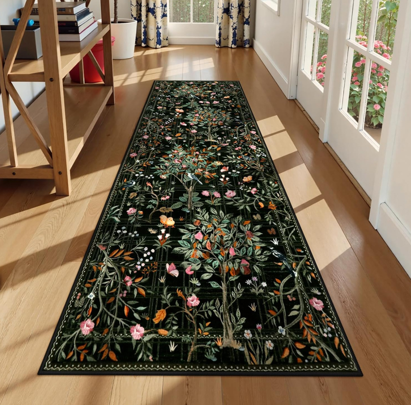 Commercial Kitchen Non Slip Flooring - Elegant Dark Base Floral Long Runner